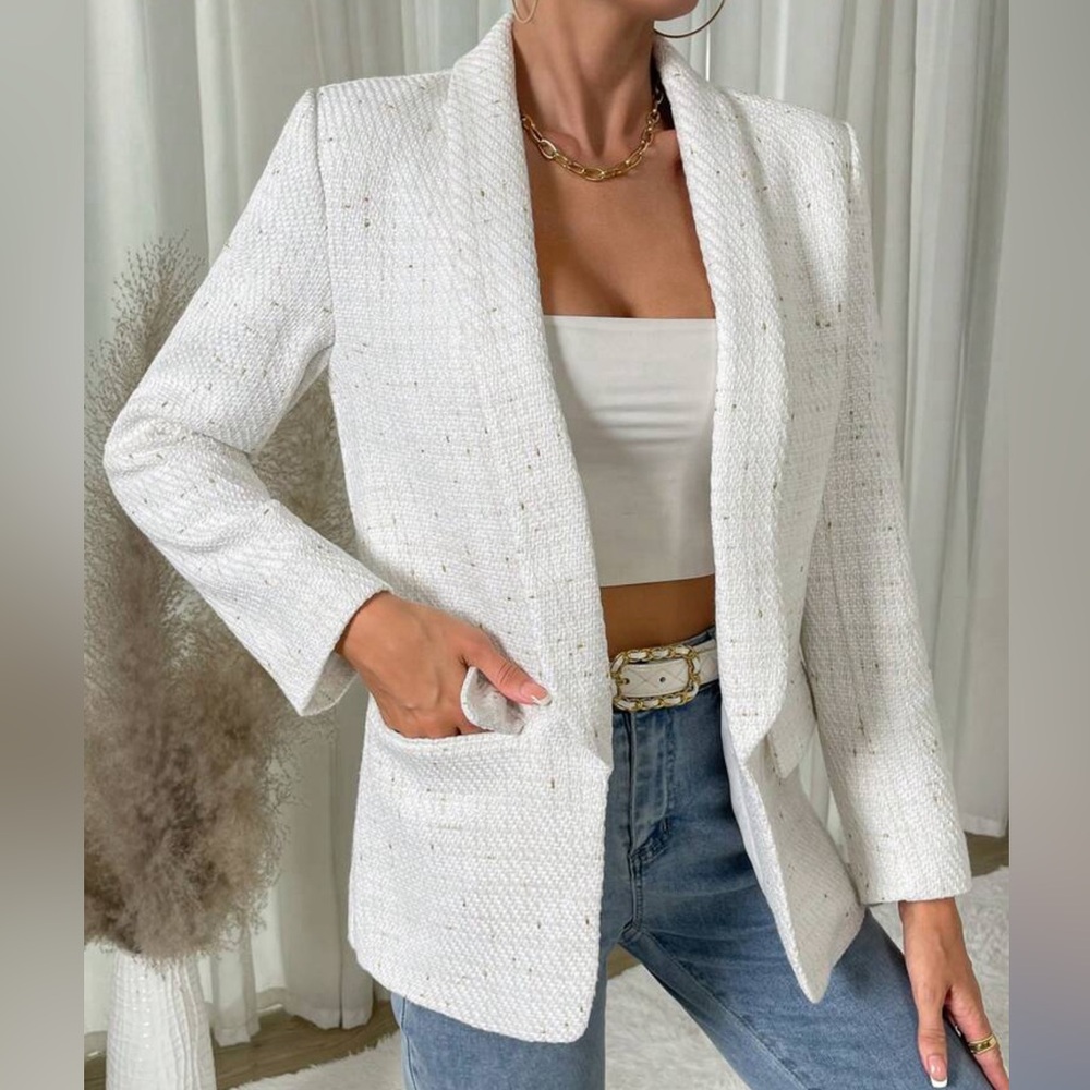 SHEIN Privé Shawl Collar Flap Detail Open Front Blazer